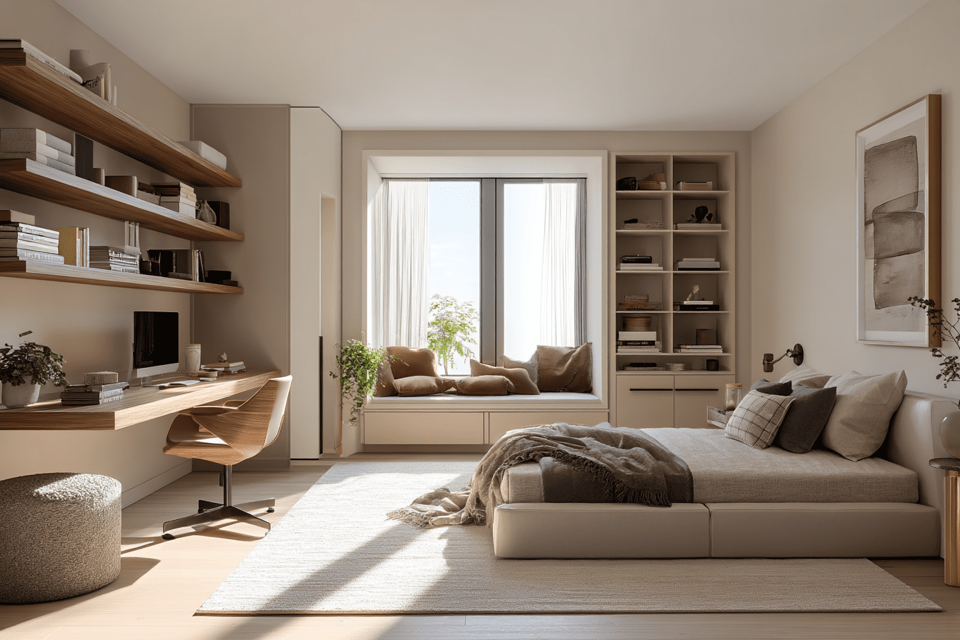Master bedroom makeover by flat interior designer showing multifunctional space with work area, sleeping zone, and relaxation corner
