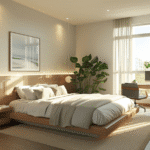 Layered bedroom lighting with ambient overhead lights, task lamps, and accent lighting for multifunctional space