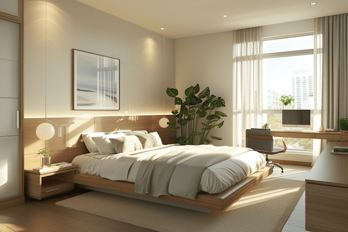 Layered bedroom lighting with ambient overhead lights, task lamps, and accent lighting for multifunctional space