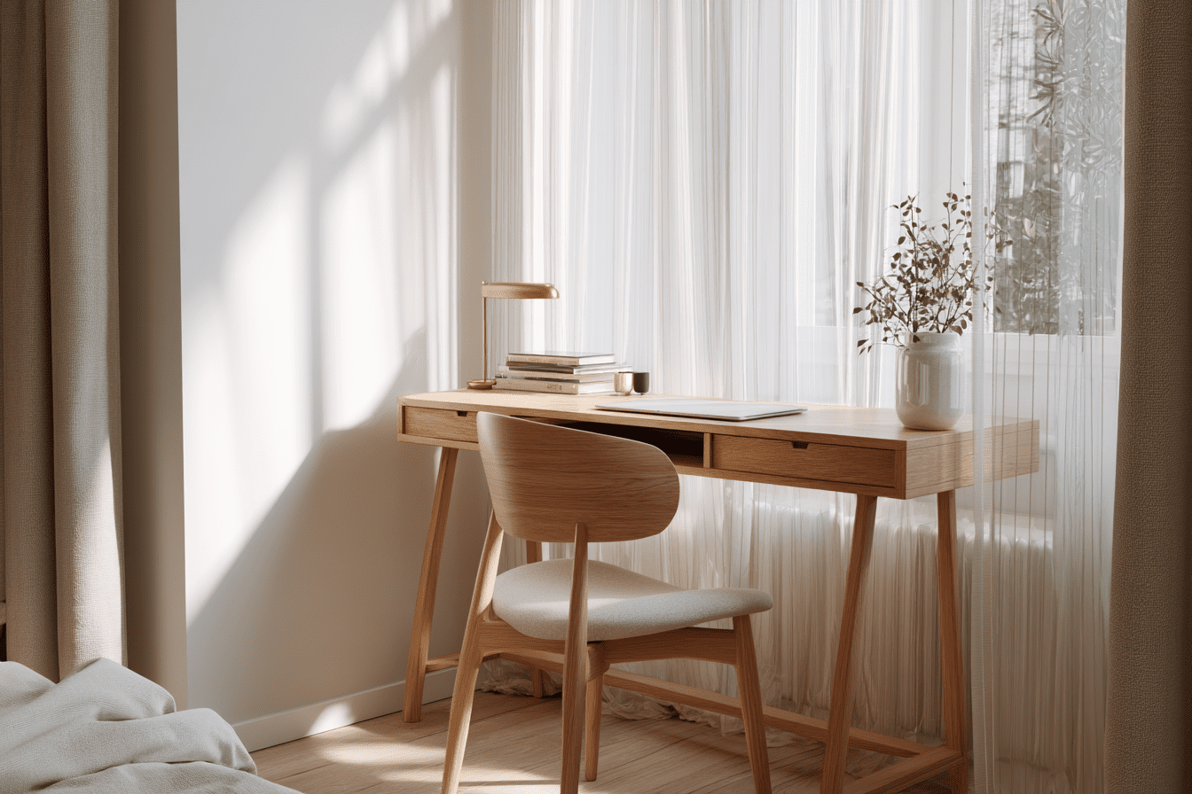 Modern bedroom workspace corner with ergonomic desk and chair designed by flat interior designer for work from home productivity