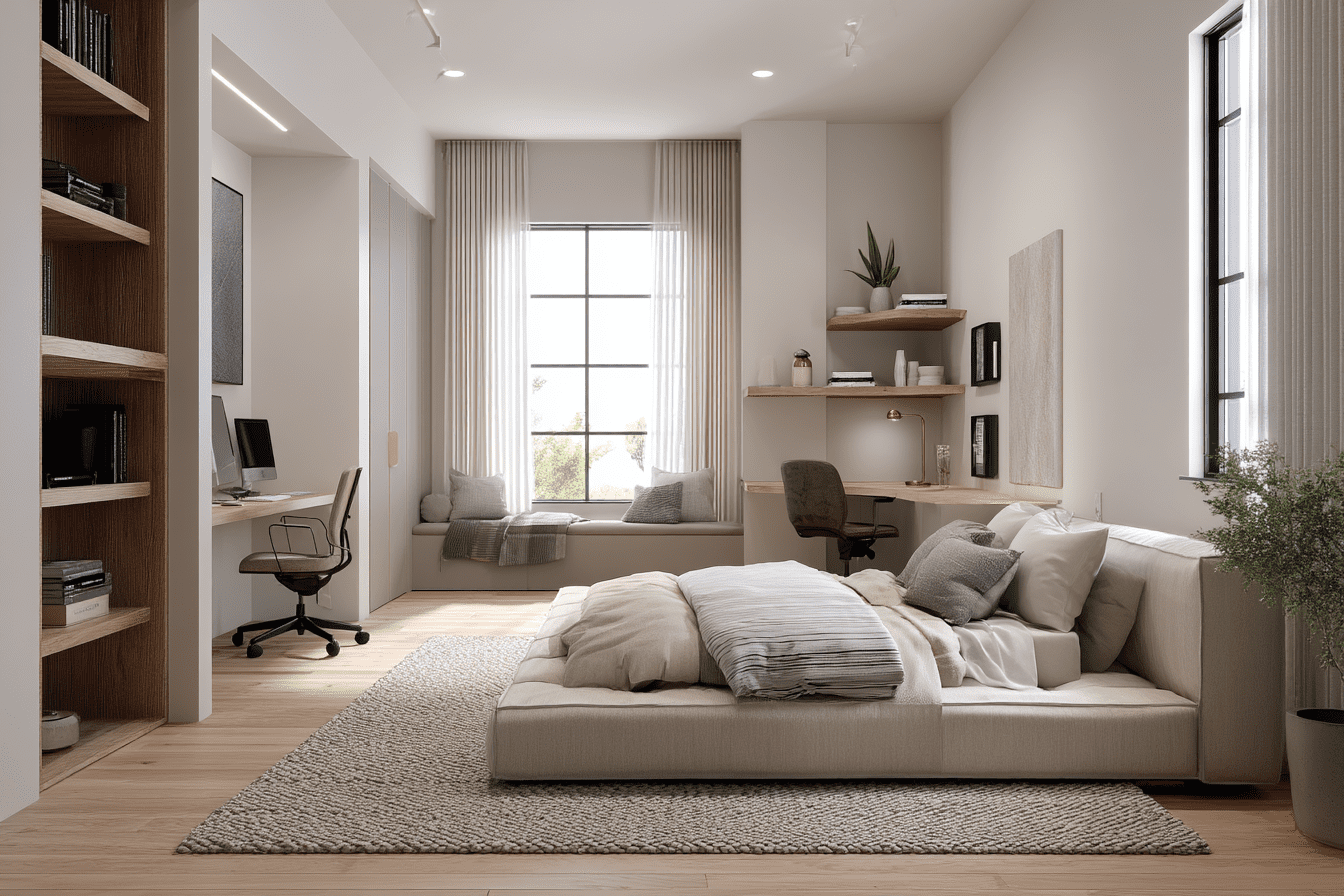 Master bedroom floor plan showing distinct zones for sleeping, working, and relaxation areas in multifunctional design