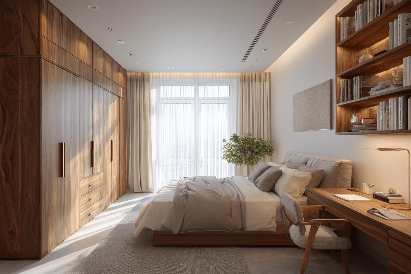 Custom built-in wardrobe with integrated desk space maximizing bedroom storage and workspace functionality