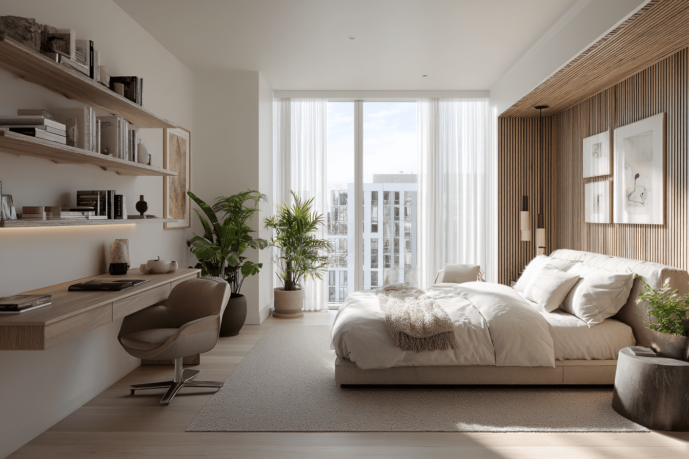 Neutral bedroom color palette with warm whites, soft grays, and natural wood tones for calming multifunctional space