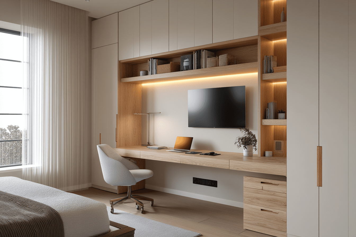 Smart bedroom technology featuring built-in charging stations, automated lighting, and cable management solutions