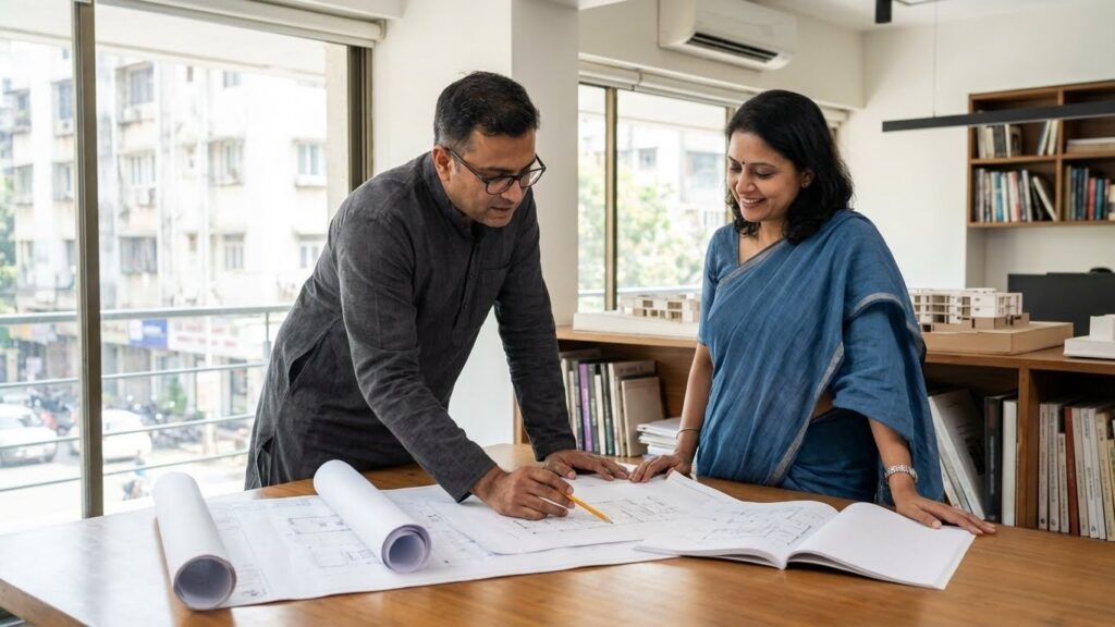 Deepa Saxena of Mdeepa Architects discussing project fees and scope with residential client in Hyderabad