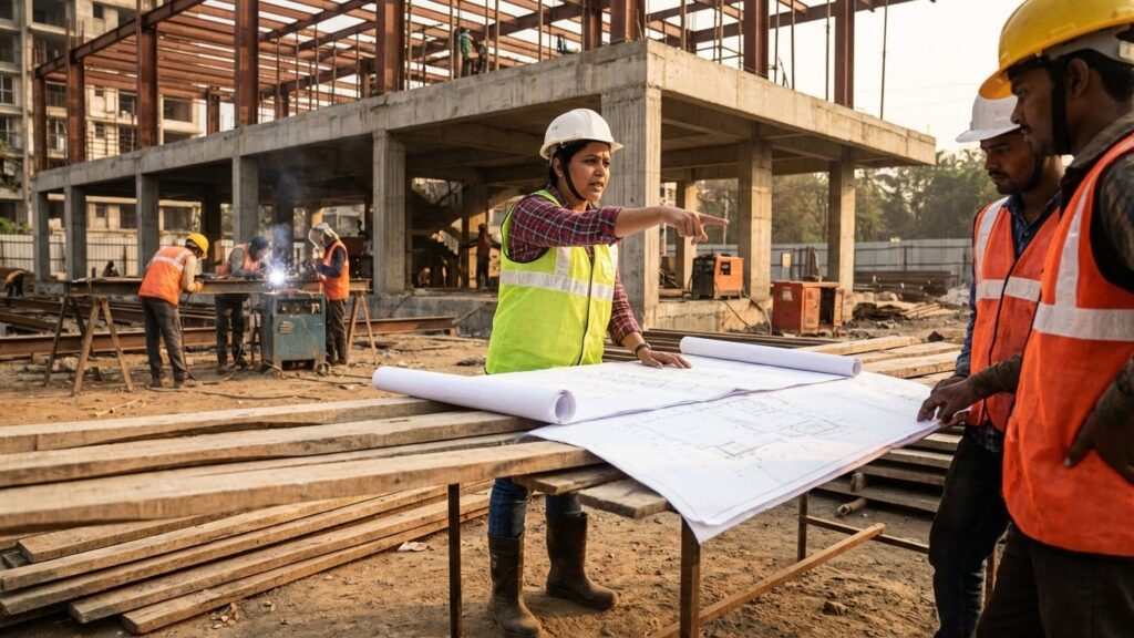 Mdeepa Architects conducting site visit and quality inspection during residential construction in Hyderabad