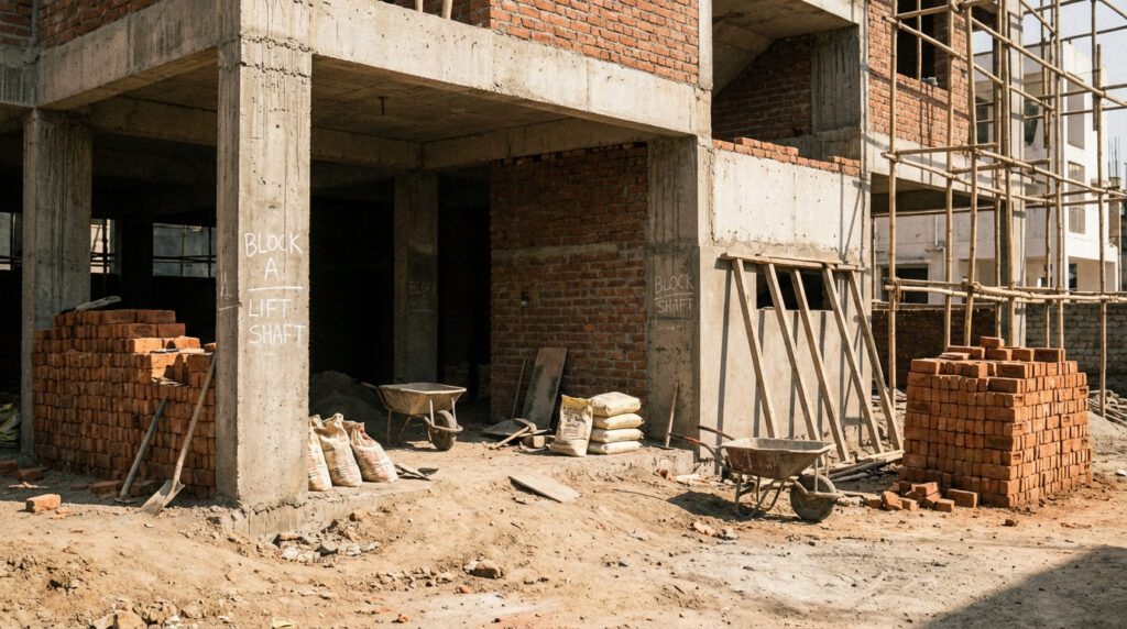 Construction phase of a residential project showing architectural site supervision and execution in India
