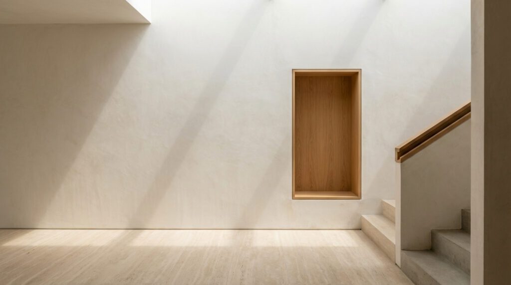 Interior design and finishing stage showing architectural materials, light, and spatial detailing