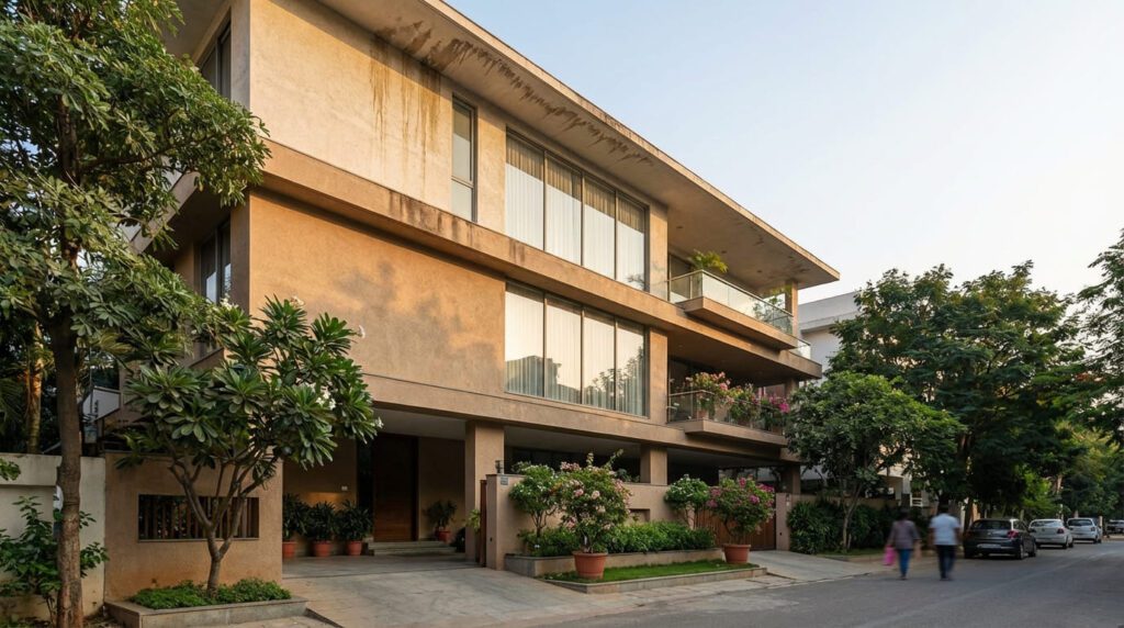 Five-year-old residential building in Hyderabad showing durable material performance and maintained façade