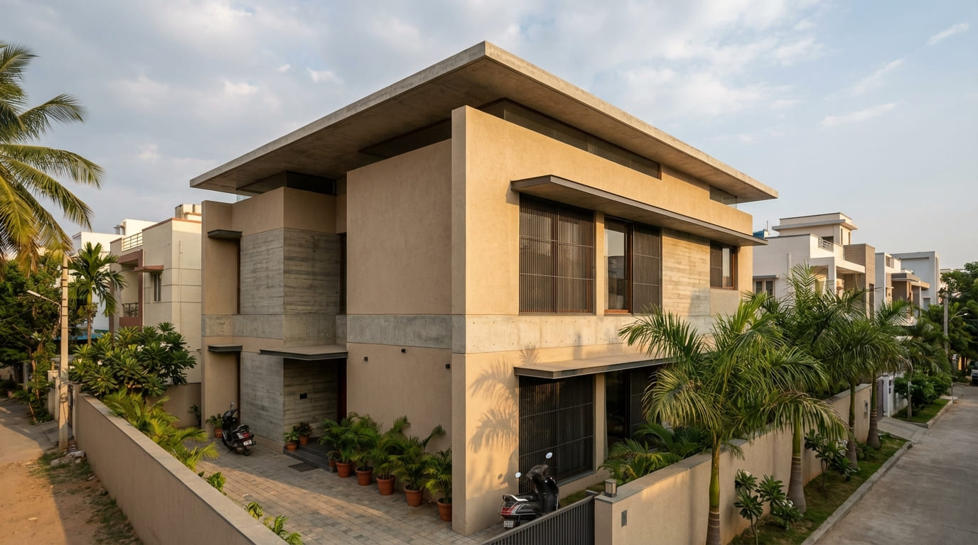 Contemporary independent house in Hyderabad designed with shading devices and climate-responsive features