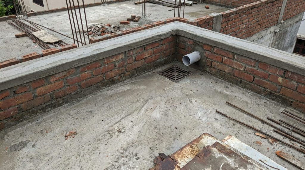Terrace waterproofing and rainwater drainage detail in residential building in Hyderabad